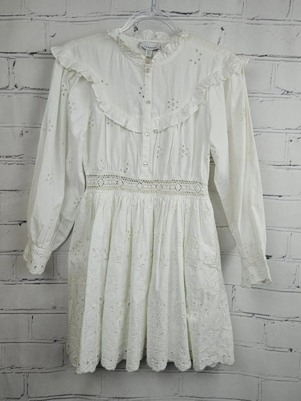 Topshop White Eyelet Lace Detail Ruffle Dress Womens 2 US Mini Long Sleeve Farm